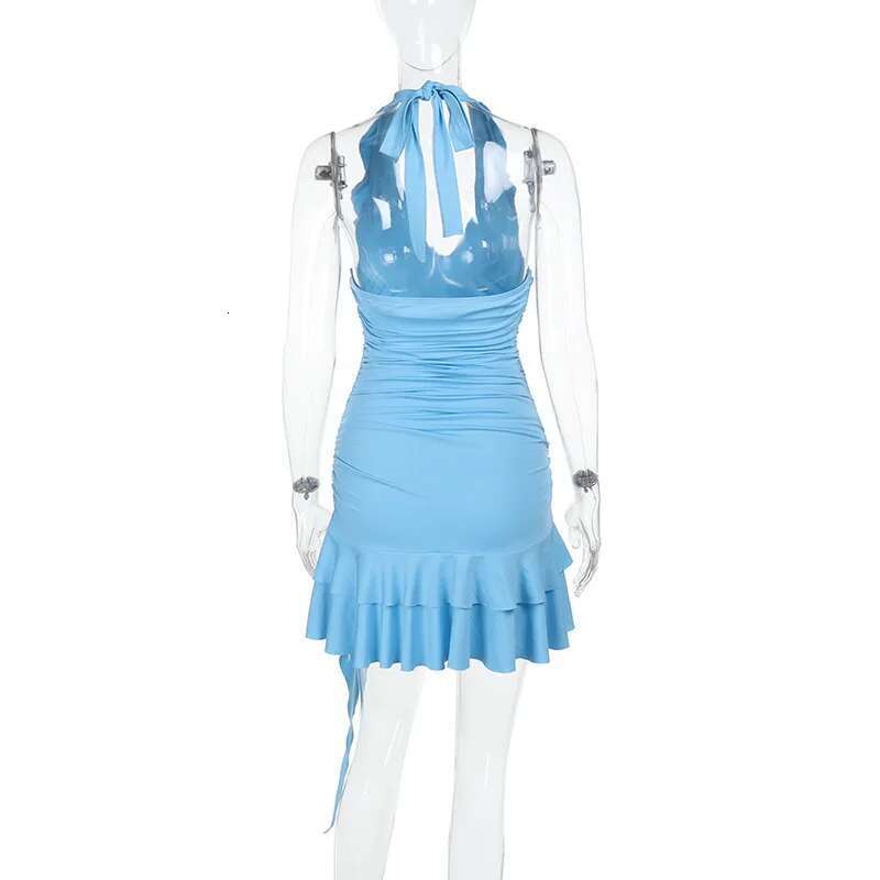 Dongdumaoyi Townlike Waist Wrap A Line Pleated Dress Women Halter Mini Spring Summer Ruffles Backless Sexy Party Dresses
