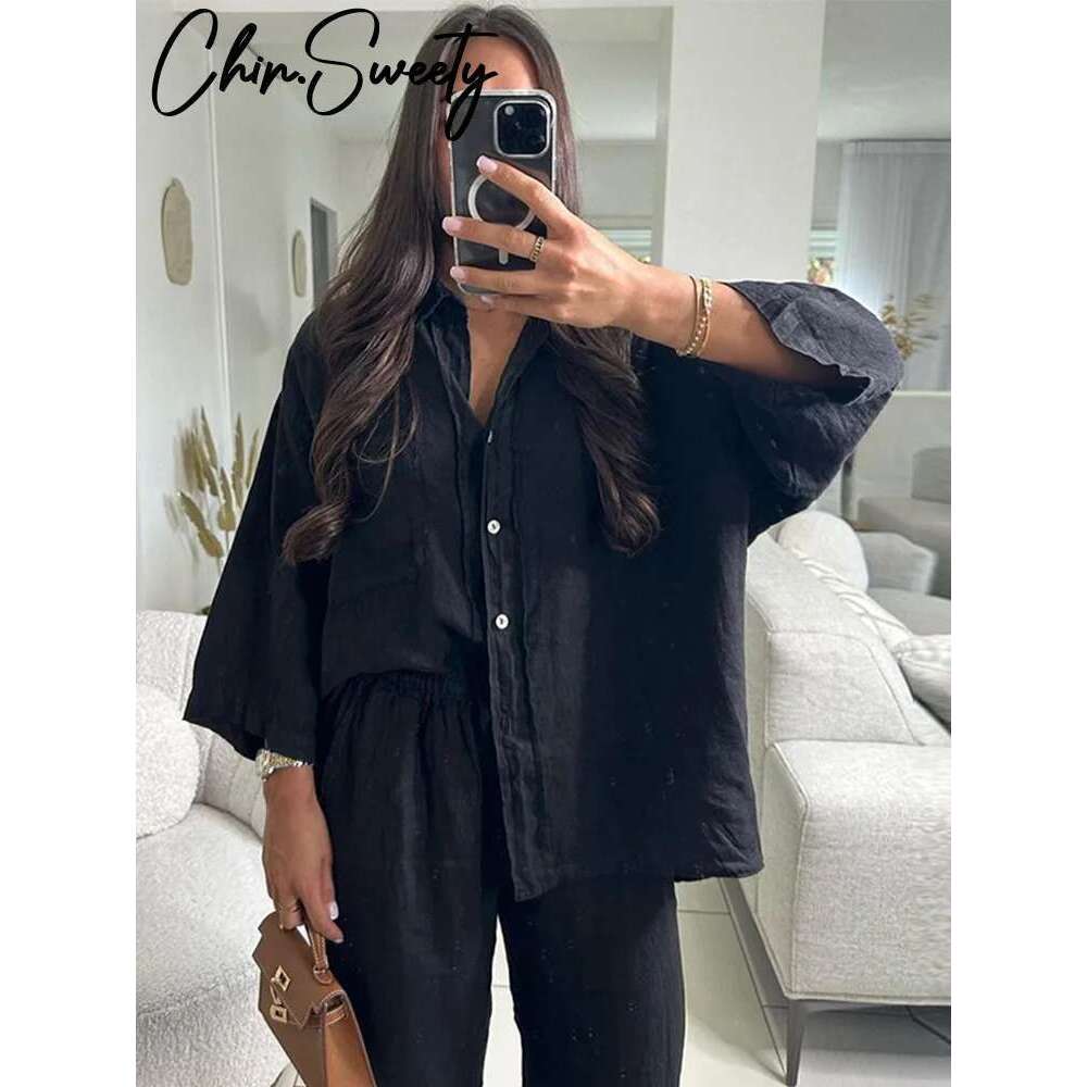Vintage Solid Trousers Suit Women Single Breasted Long Sleeve Shirt Wide Leg Pants Set Female Summer New Lady Streetwear