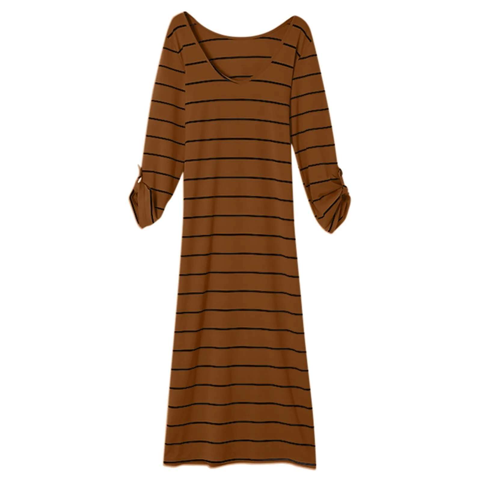 Dongdumaoyi Spring Striped Dresses For Women Long Sleeve Casual O Neck Maxi Dress Ladies Elegant Brown S Warm Summer