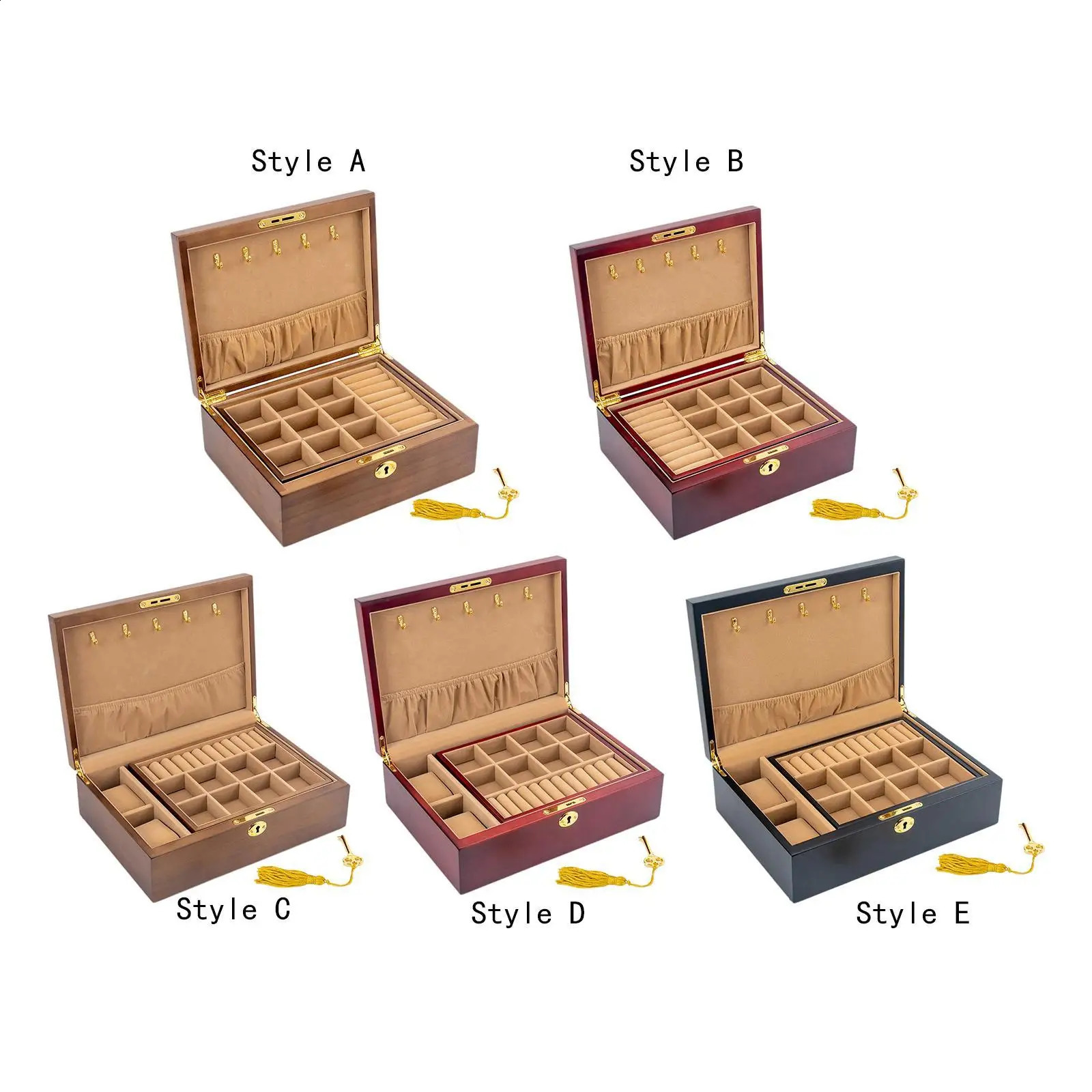 Wooden Jewelry Box with Lock and Key 2 Tier Lockable for Men Women Jewelry Display Case Trinket Box Organization Container 250424
