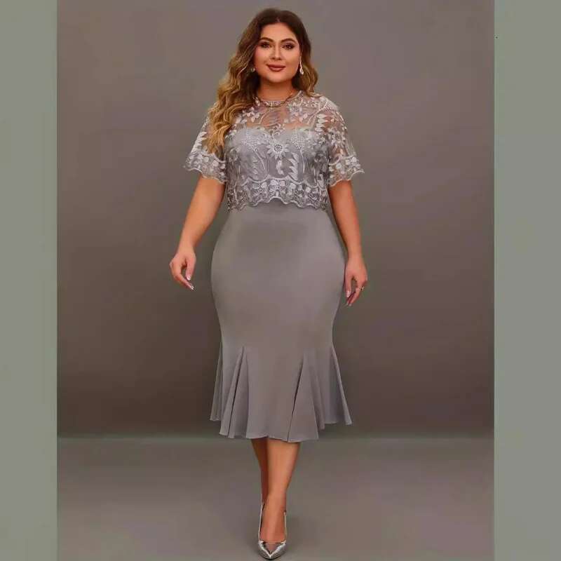 Dongdumaoyi New Plus Size Embroidered Patchwork Slim Fit Dress C