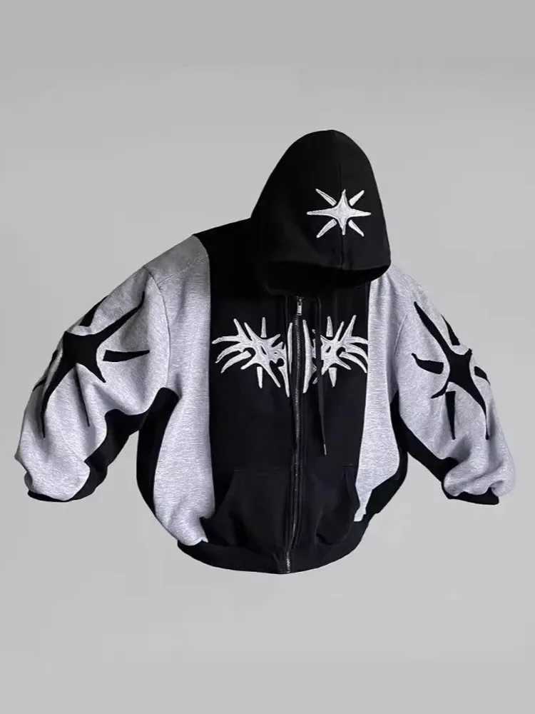 Y2K embroidery design loose zipper mens hooded sweatshirt geometric pattern womens sportswear Gothic street clothing oversized casual mens style w2504