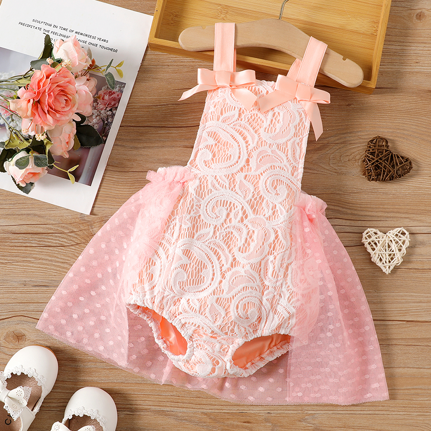 PatPat Baby Girl 95% Cotton Lace Textured Sleeveless Mesh Party Dress Romper