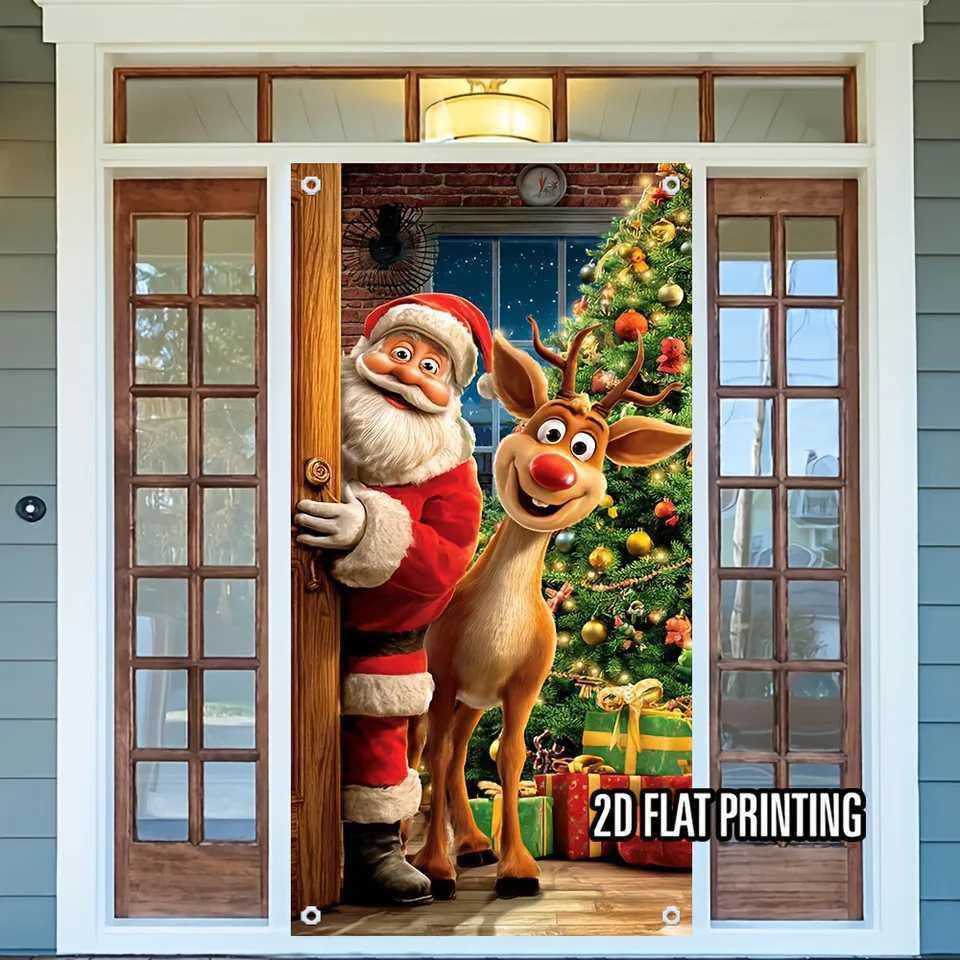 2D Door Banner 1 Piece Santa Claus and Reindeer Christmas Design Door Banner Perfect for Holiday Home DecorationM251125