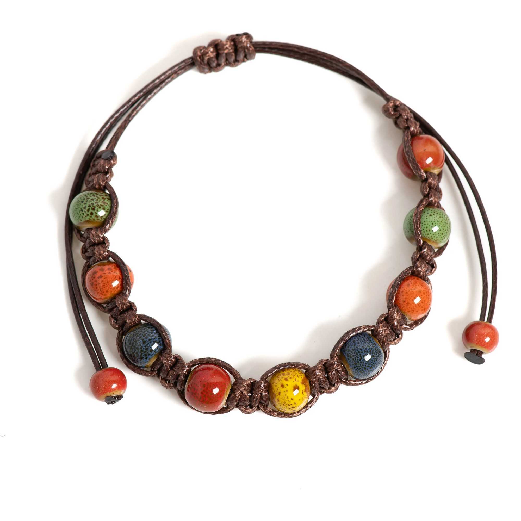 Handmade Colorful Ceramic Bracelet Coffee Cord Adjustable Bohemian Artistic Jewelry 1151 J251125