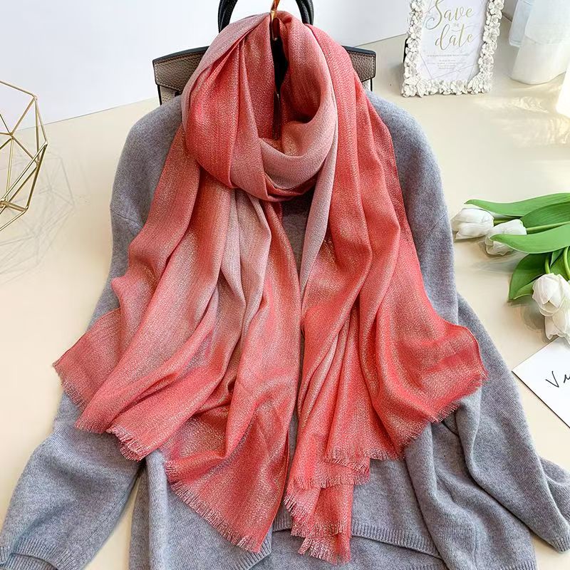 T556 simple spring and autumn new gradient scarf female fashion warm long scarf gold and silver silk tassel neck scarf