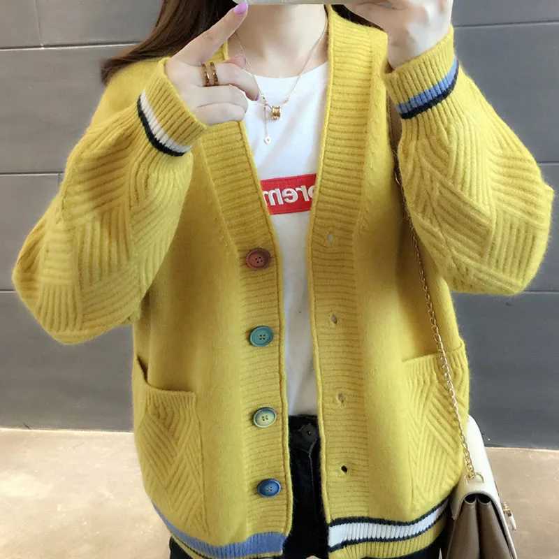 Fashion V-neck womens sweater jacket autumn and winter commuter all-match temperament long-sleeved knitted cardiganT251125