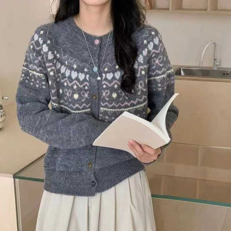 Cute Cartoon Cardigan Sweater for Women Long Sleeve Crew Neck Button Up Knitted Jacket Knitwear Teen-girl Fall Winter OutfitT251125