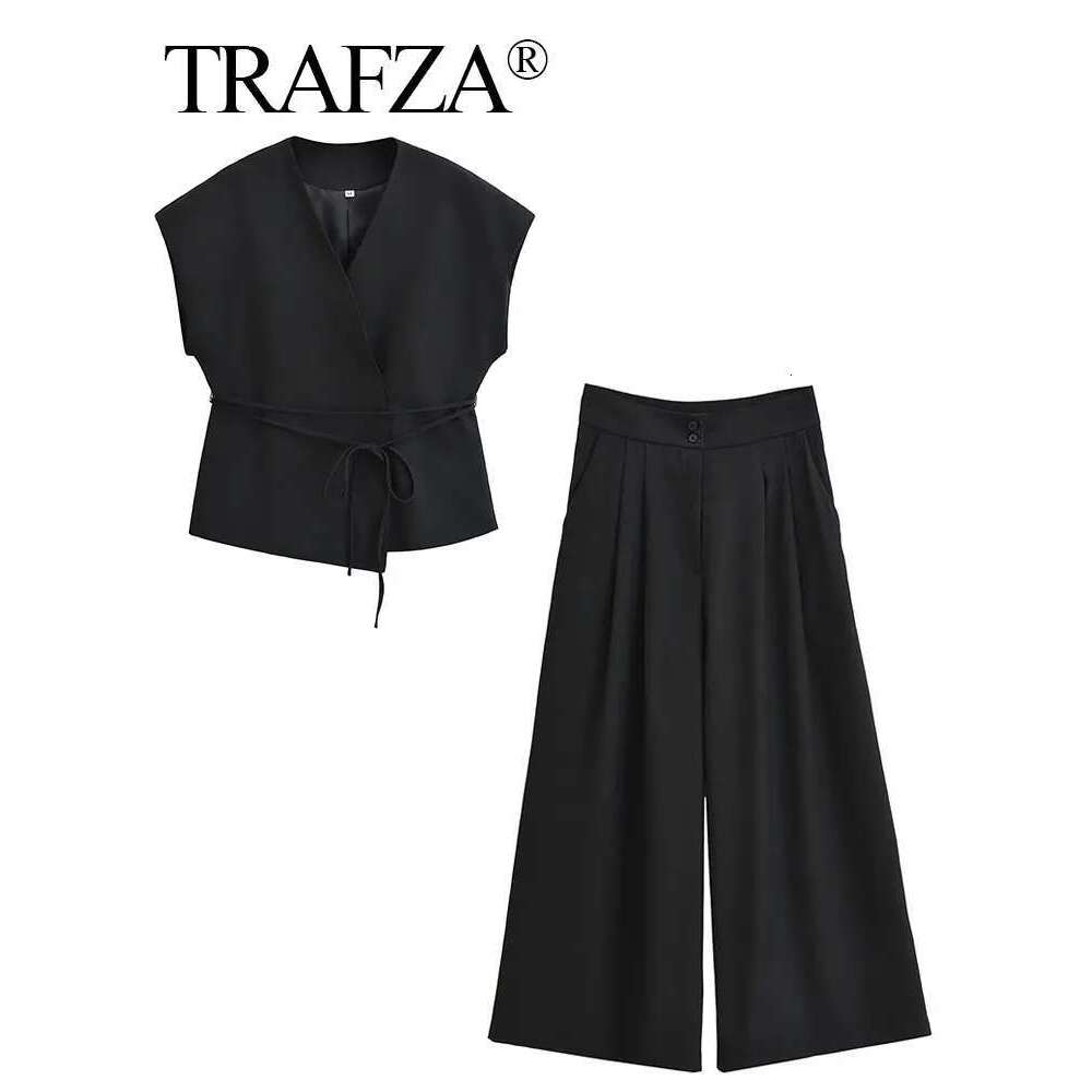 TRAFZA Women Solid 2 Piece Elegant Lace Up Vest Pants Sets V Neck Sleeveless Blouse Wide Leg Trousers 2024 Office Lady Outfits