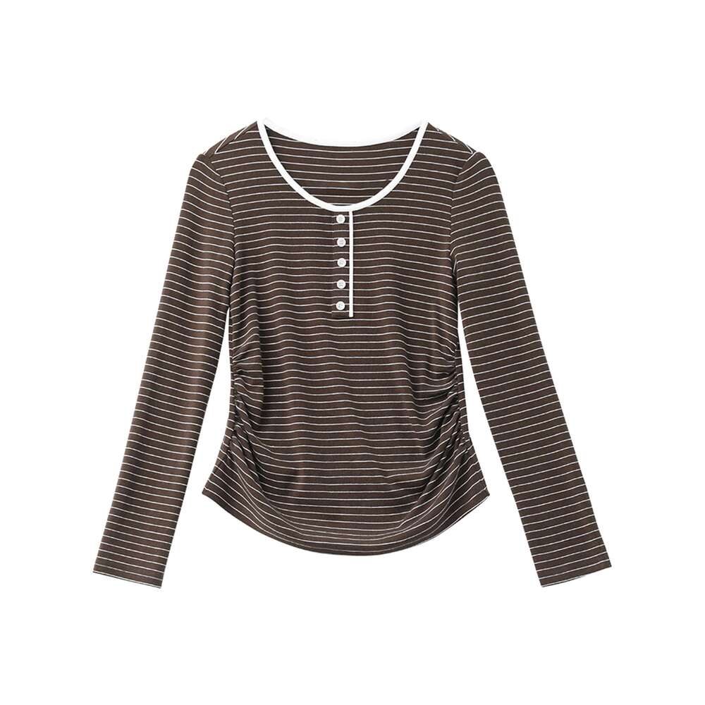 CHIC VEN Women T-Shirts O Neck Loose Casual New Contrasting Button Striped Tees Slim Basic Female Top Spring Autumn 2024