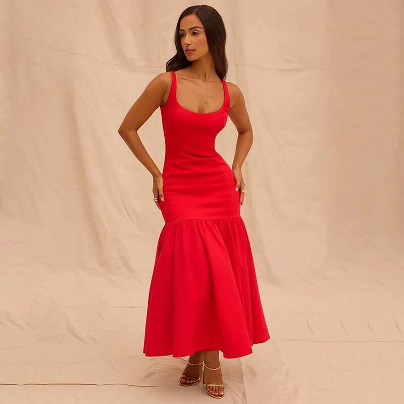 Dongdumaoyi Townlike Pleated A Line Mermaid Dress Women Spaghetti Strap Summer Midi Long Backless Nightclub Sexy Party Dresses