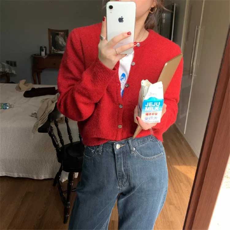 Fall Solid Color Knitted Cardigan Women Korean Single Breasted Long Sleeve Jumper Woman Round Neck All Match Sweater Outwear TopT251125