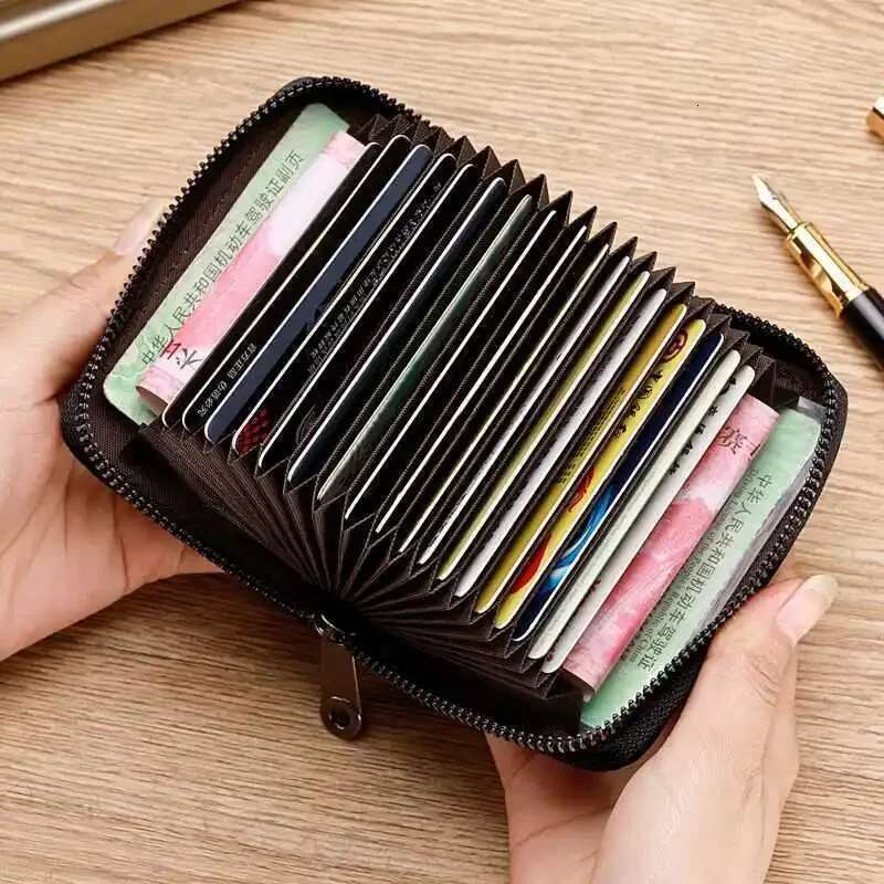 Multi Slot Holder Vintage Small Women Men Business Bank Credit Card Bag Male Coin Pouch Solid Leather Zipper Wallet
