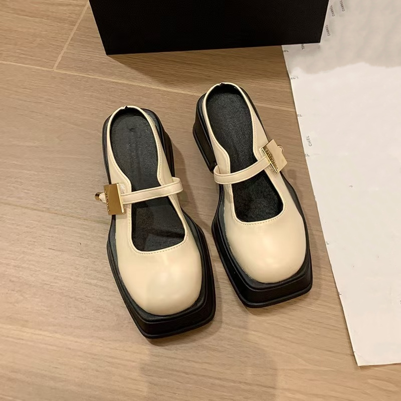 Womens Elegant Summer French Mary Jane Thick Heel hot Metal New Buckle British Style Flat Shoes For Commuting 240705