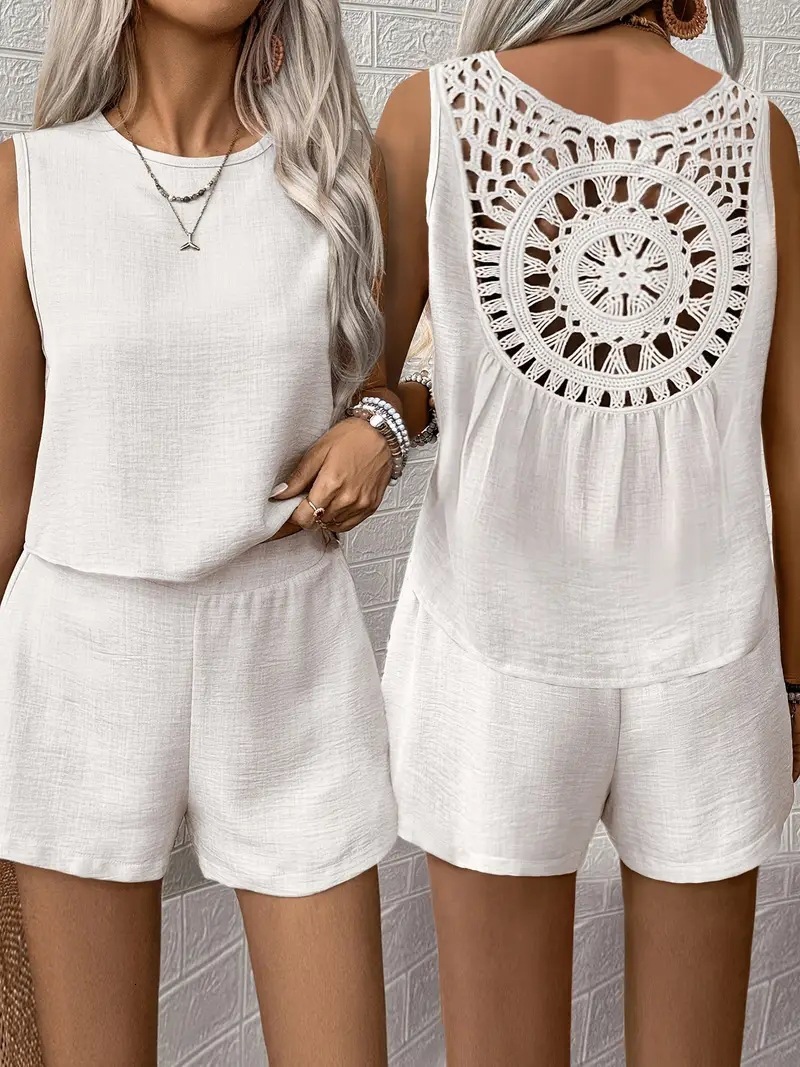 2025 New Summer Sleeveless Solid Color Back Hollow Lace Shorts Set for Women