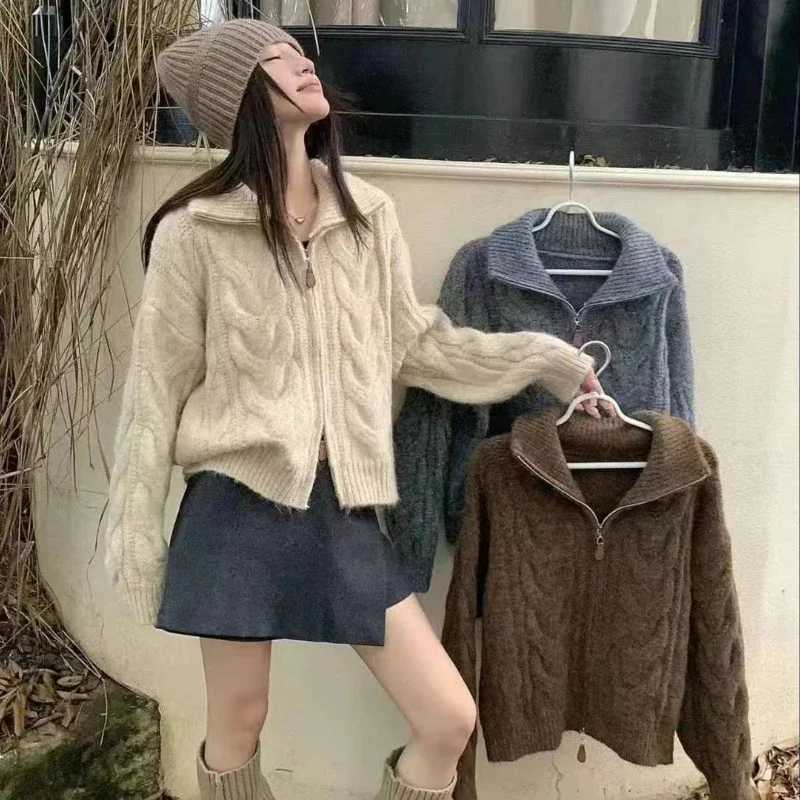 NEW Autumn Winter Womens Long Sleeve Elegant Sweater Knitted Top Cardigan Double Zipper Casual Chic Fashion Warm OuterwearT251125