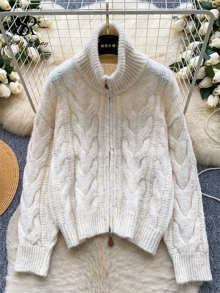 SINGREINY Women Vintage Thick Knitted Cardigan Lapel Full Sleeve Zipper Design Autumn Trend Tops Winter Twist Drill Lazy SweaterT251125