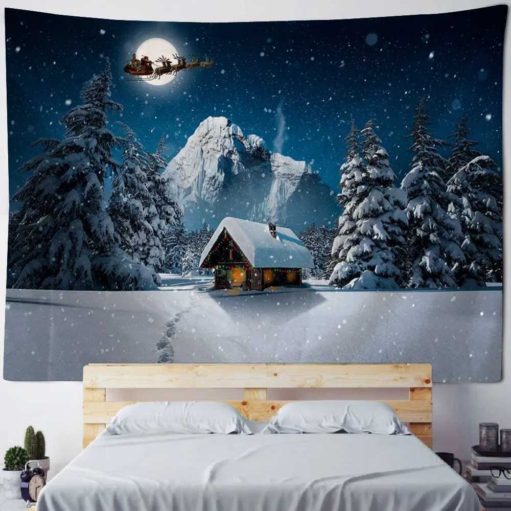 Christmas tapestry winter snow view Santa Claus elk fireplace room art decoration wall hanging cloth Christmas giftsM251125