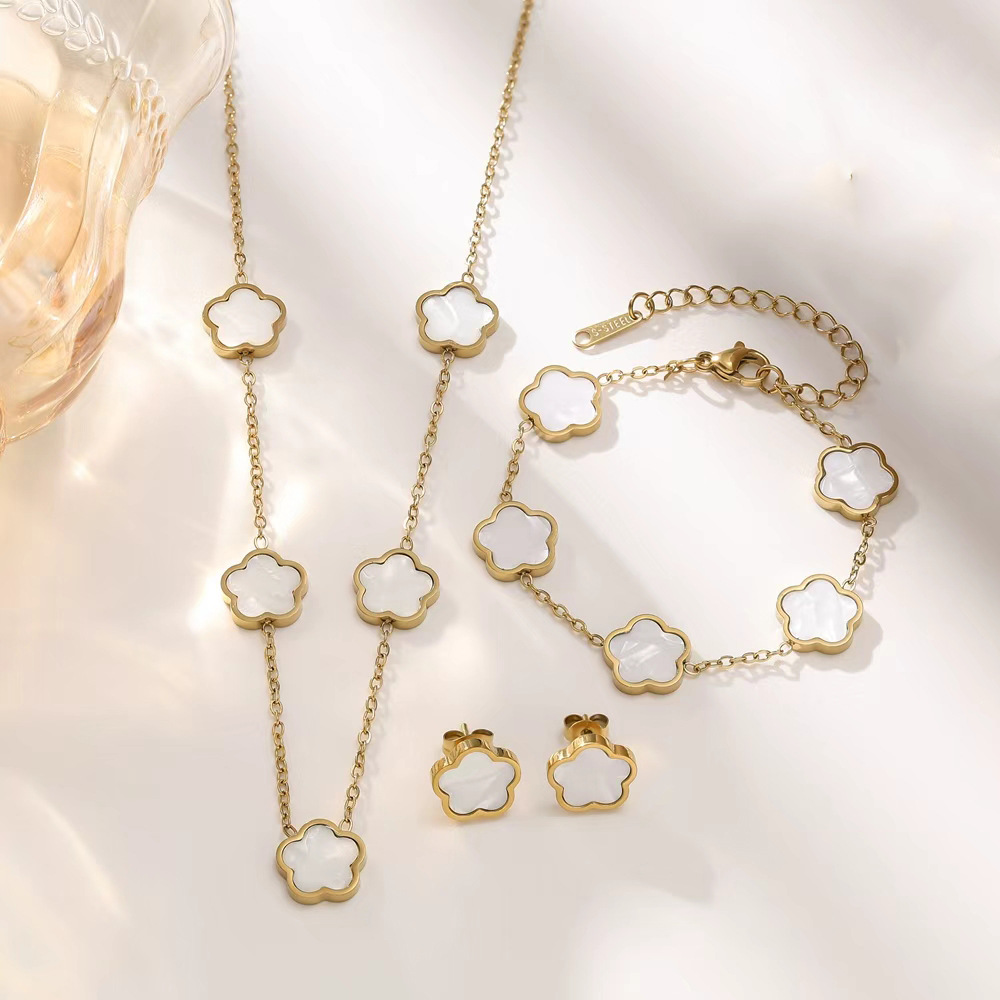 Trendy Five-petal Flower Five-leaf Clover Shell Bracelet Earrings Necklace Stainless Steel 3pcs set for woman Stylish Accessories Party Designer Jewel
