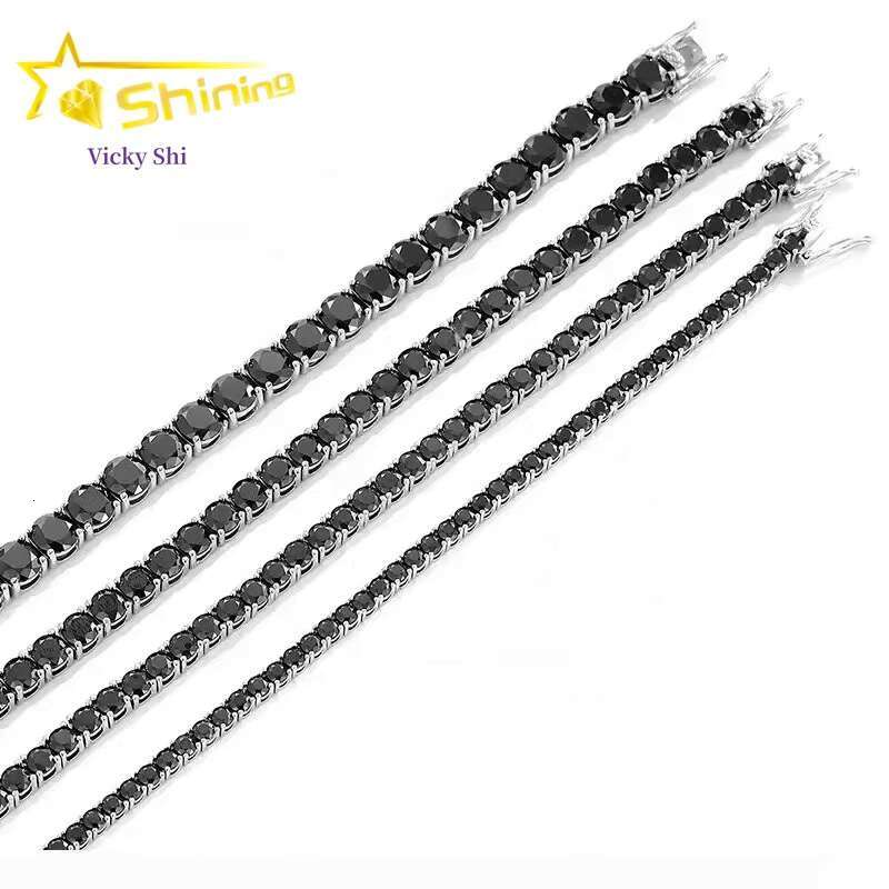 925 Sterling Silver GRA Certificated 3mm 4mm Black Moissanite Tennis Chain Pass Diamond Tester Hip Hop Tennis Necklace