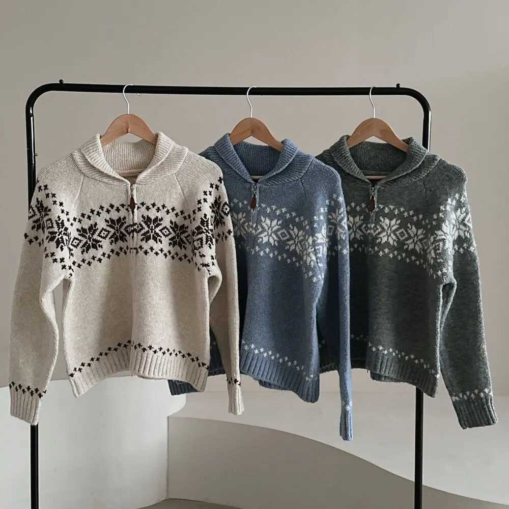 Korean Style Casual Knitted Jacquard Cardigan New Autumn Winter Women Fashion Elegant Long Sleeve Sweater Zipper Lapel JacketT251125
