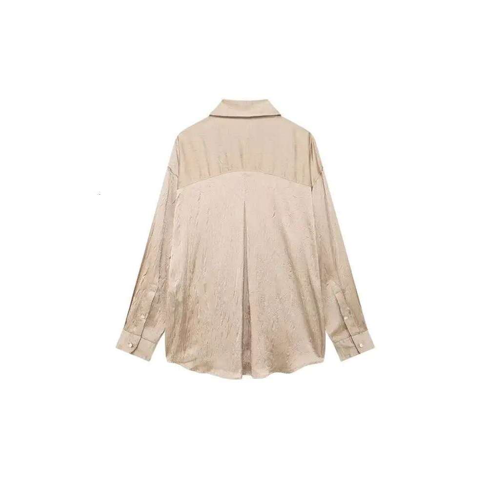 TRZA Women Fashion Creased-Effect Satin Shirts And High Elastic Waist Wide Leg Pants Female Two Piece Sets Mujer