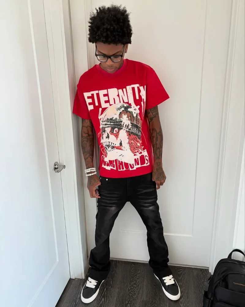 New American dark retro T-shirt skull print casual loose ultra-fine short sleeved fashionable high street round neck mens clothing W250425