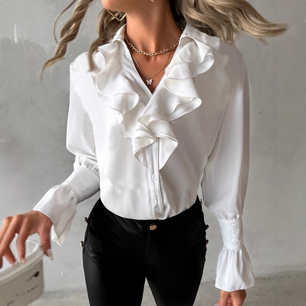 2023 autumn fashion ruffled long sleeved V-neck solid color womens shirt