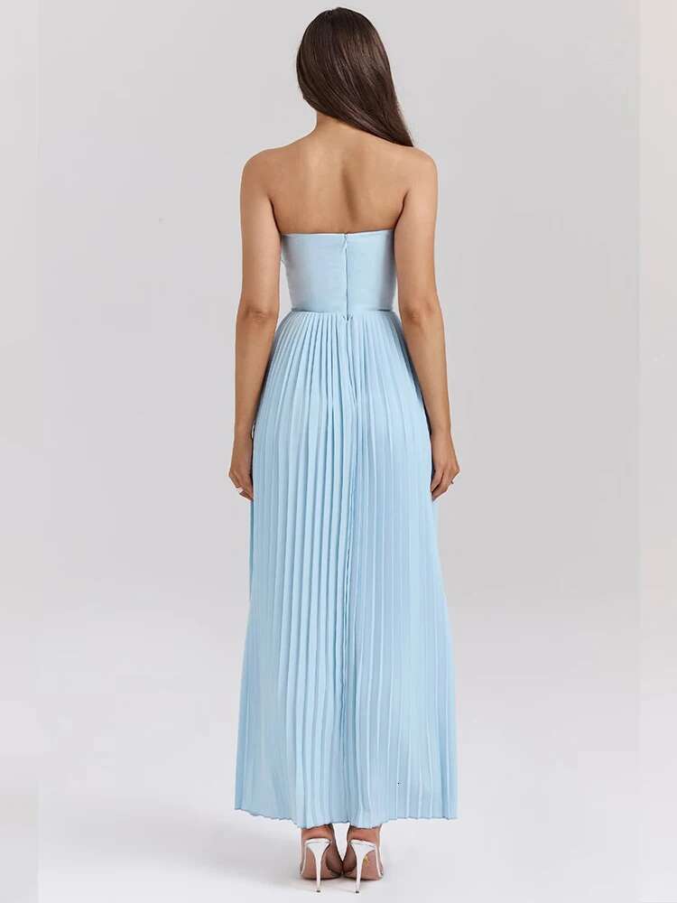 Dongdumaoyi Townlike Pleated Waist Wrap A Line Dress Women Strapless Summer Elegant Maxi Long Backless Sexy Party Dresses