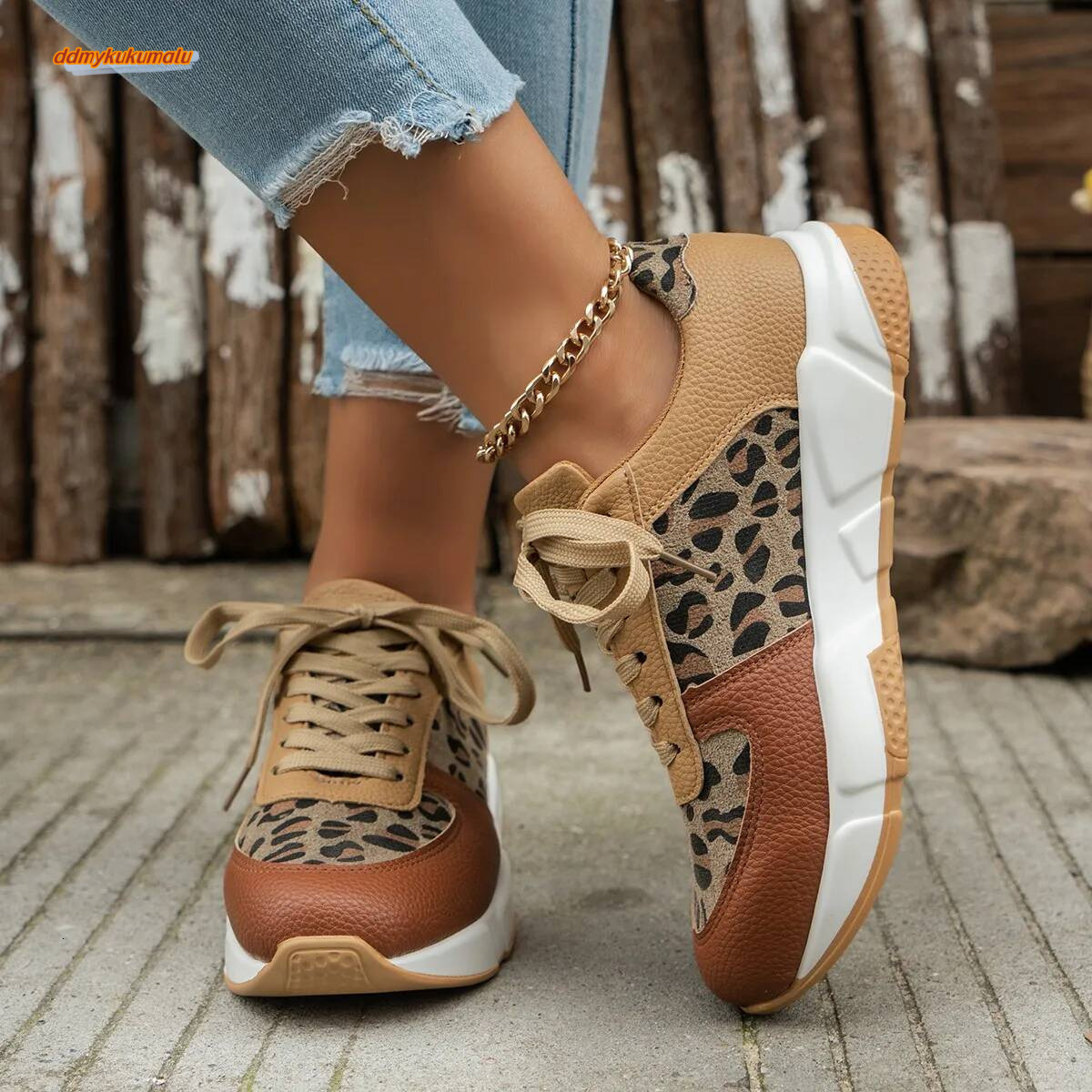 Platform Sneakers Women 2024 Round Toe Low-top Leopard Wedge Women's Lace Up Socofy Casual Sports Shoes Size 36-43 ddmykukumalu