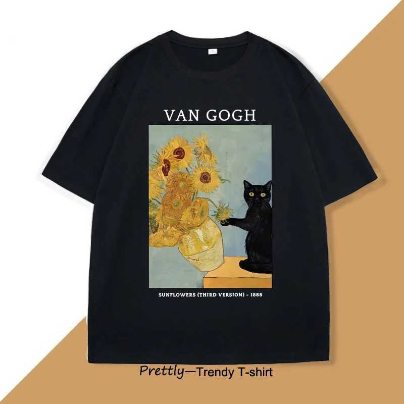 Van Gogh Sunflower Printed Mens T-shirt Womens Retro Harajuku Short Sleeve T-shirt Casual Round Neck Cotton T-shirt W250425