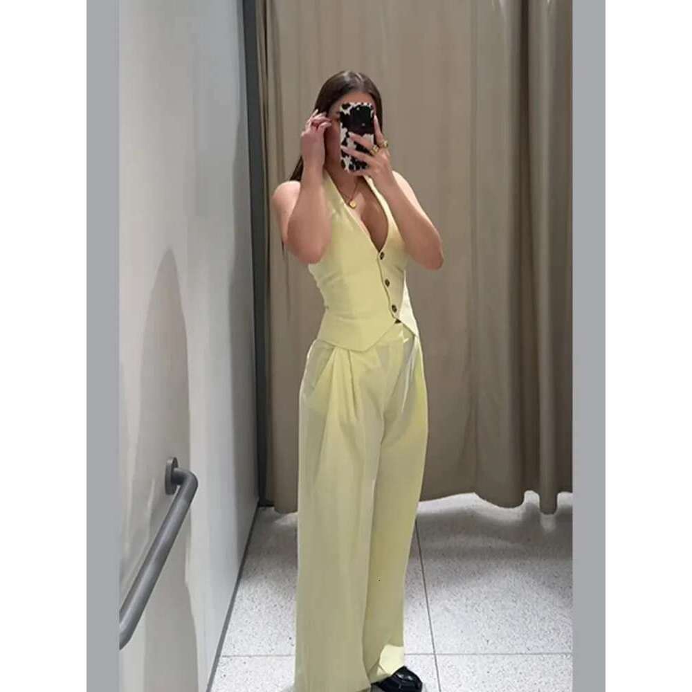 Women Chic Butter Yellow Straight Pants Suit Sexy Off Shoulder Backless Halter Top 2025 New Summer Lady 2 Pieces Set Outfits