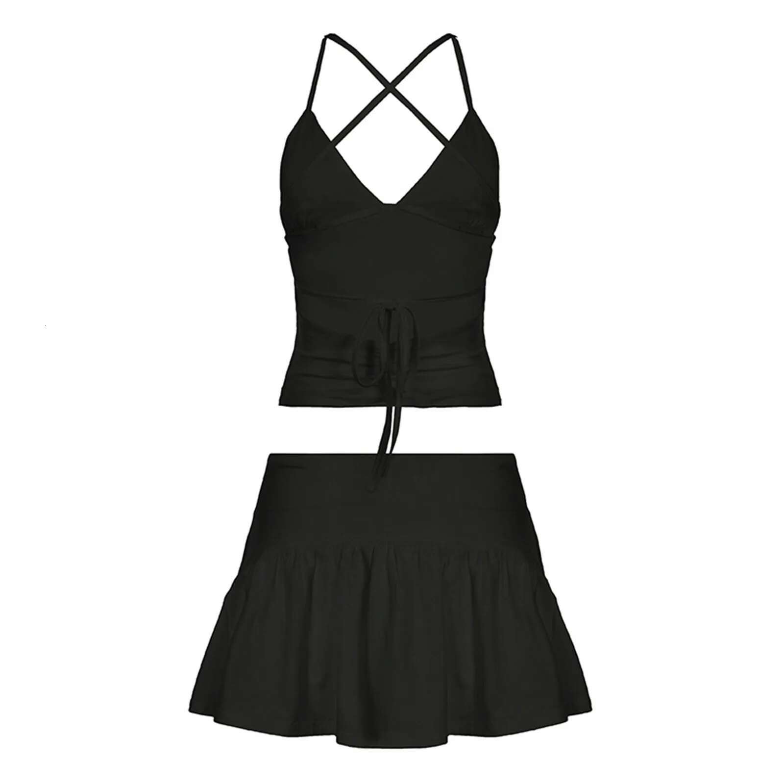 Dongdumaoyi Mini Skirt Black Suit Women V Neck Tank Top Backless Lacing Pleated Lotus Leaf Slim Short Set Party Streetwear