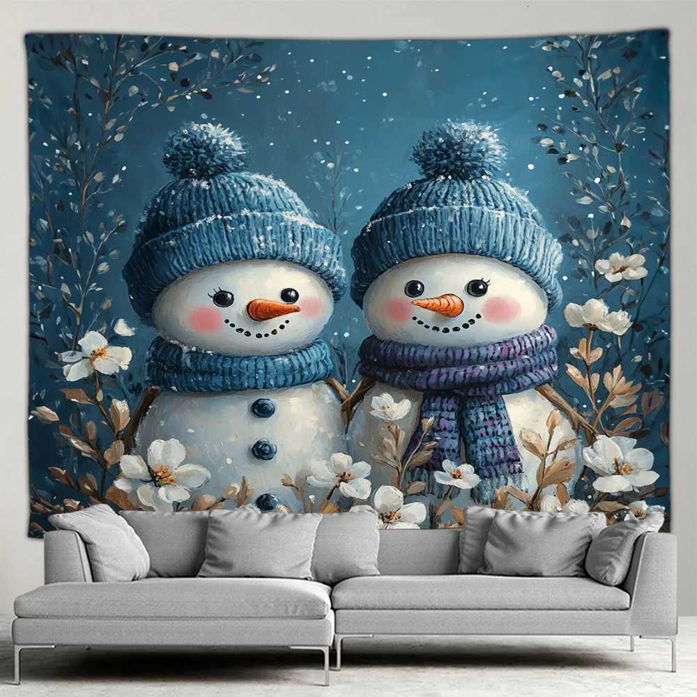 Christmas Tapestry Cute Snowman Xmas Tree Gift Outside Window Winter Forest Scenery New Year Home Living Room Decor Wall HangingM251125