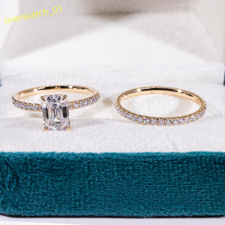Fashion 2CT Emerald Cut Hidden halo 10K Gold Moissanite Diamond Ring with Eternity Wedding Band Jewelry Set