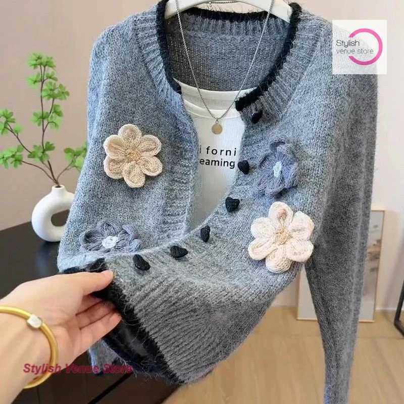 French style three-dimensional flower love button knitted cardigan womens autumn and winter new single-breasted sweater coatT251125