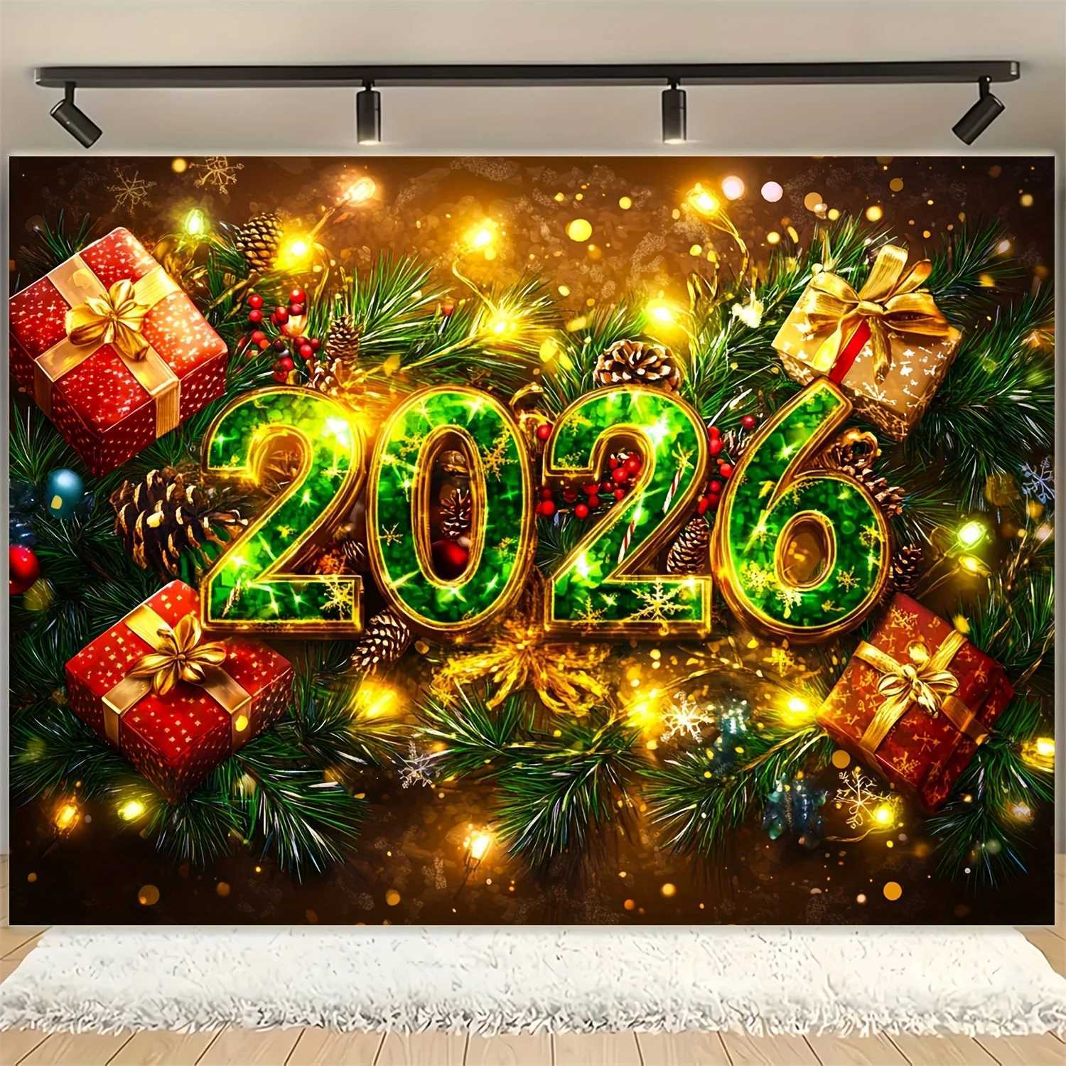 2026 New Year Tapestry Christmas Tree Decor Wall Hanging Golden Numbers Gift Boxes Art Holiday Lights Festival ThemeM251125