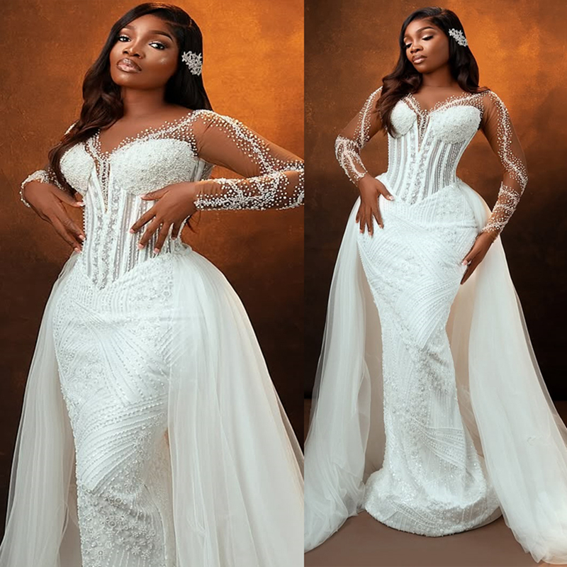 2024 Plus Size African Mermaid Wedding Dress Bridal Gowns For Bride Illusion Detachable Train Sheer Neck Beaded Lace Rhinestones Wedding Gowns For Bla