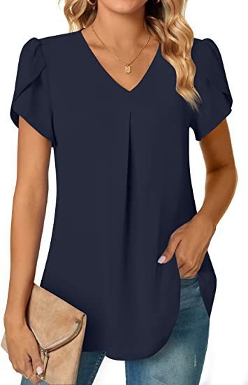 2023 Summer minimalist womens V-neck petal sleeve shirt womens shirt