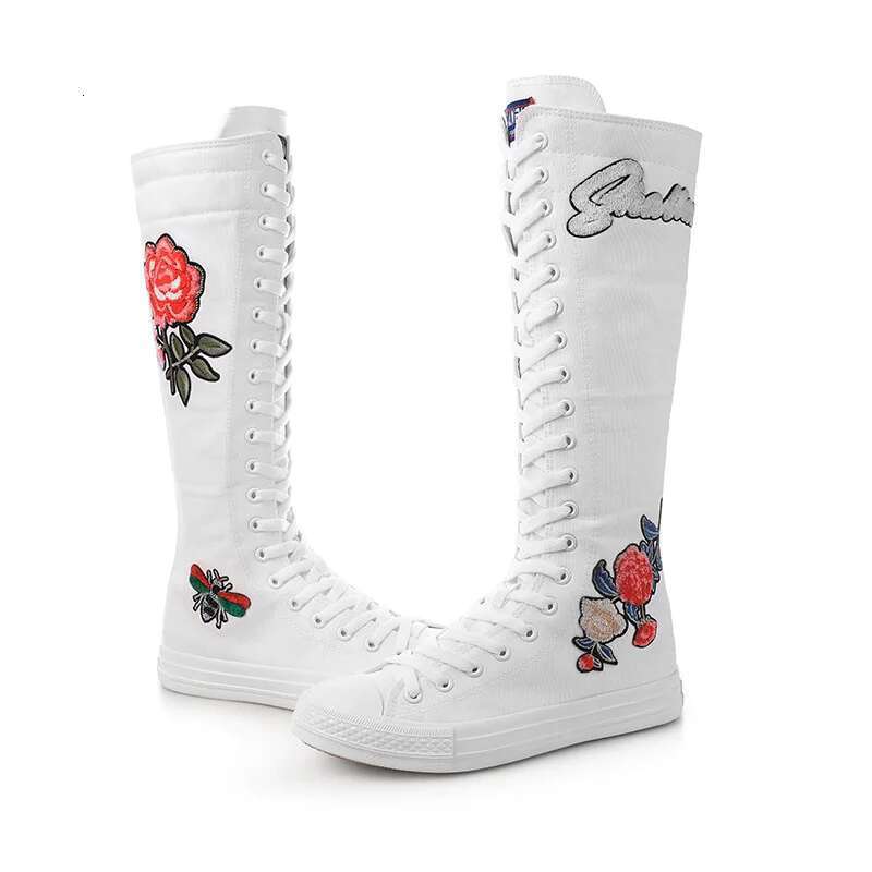 Spring and summer new long tie side zipper knee boots casual flat inner heightening large size embroidered canvas women's shoes