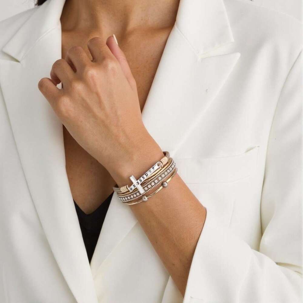 Jewelry Bohemian Cross Light Micro Set Dia Magnetic Buckle PU Leather Bracelet