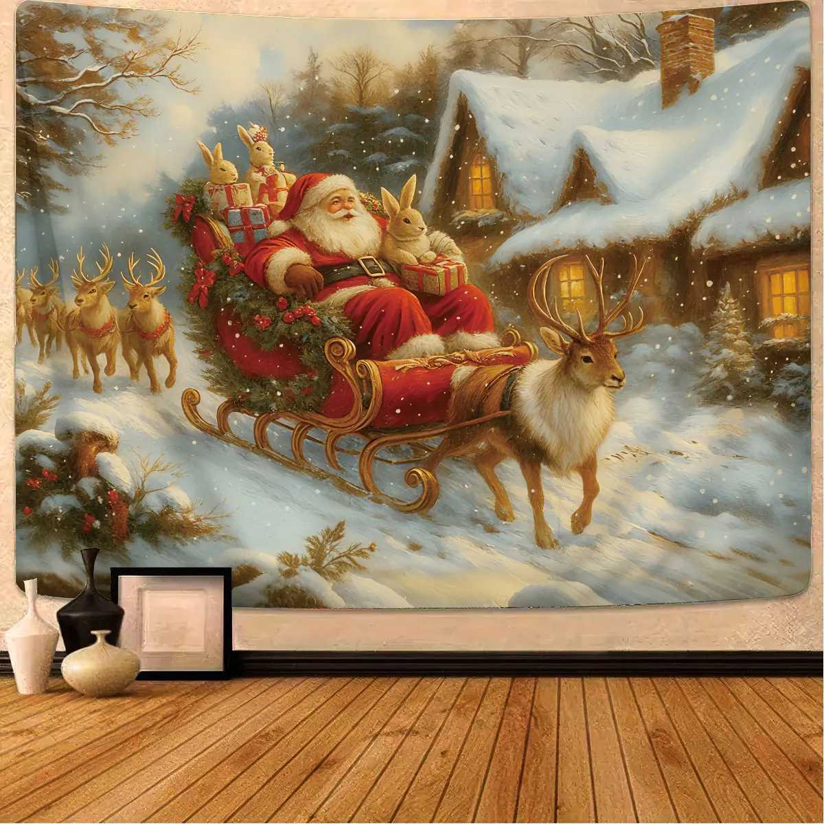 1pc Merry Christmas Santa Claus sled print tapestry living room wall decoration multi size background cloth machine washableM251125