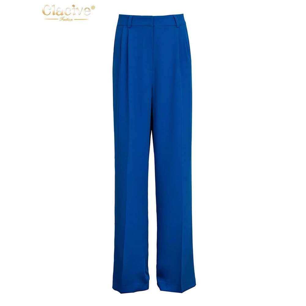 Clacive Blue Office Women's 2021 Fashion Loose Full Length Ladies Trousers Casual High Waist Wide Pants For Women