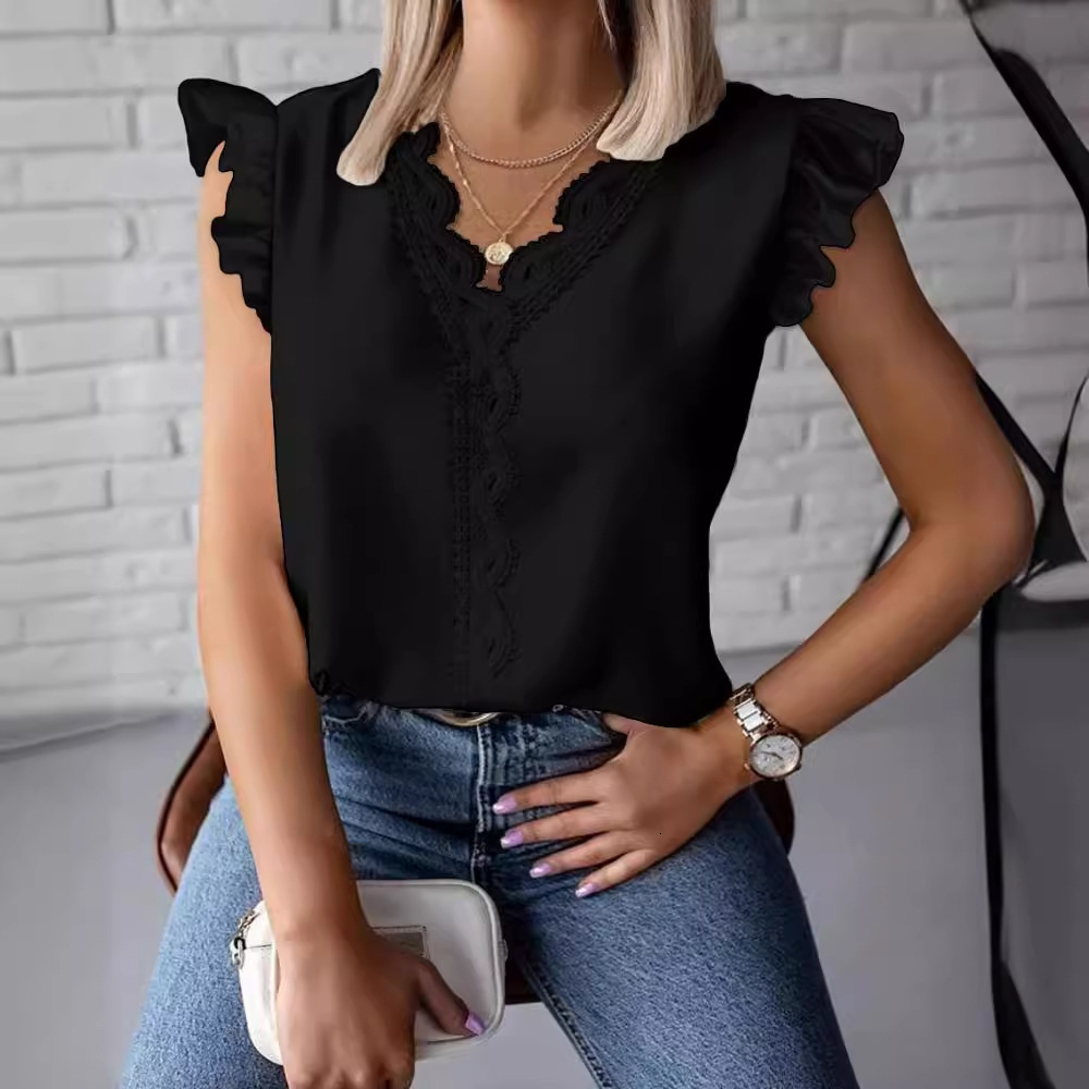 2024 summer ruffled simple V-neck lace patchwork loose shirt for women