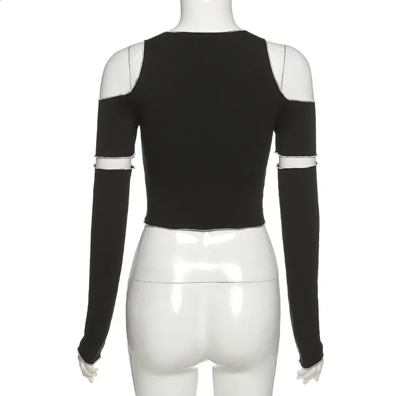 Splicing black Tshirt Gothic Y2k crop top with ruffled hem hiphop Techwear womens 250415