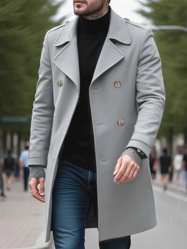 Mens Single-Breasted Wool Coat Thickened for Winter Trench Style Professional LookT251125