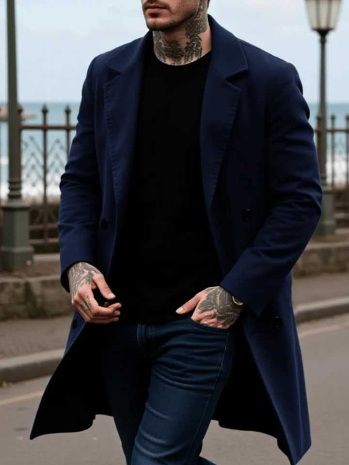 Mens Streetwear Wool Coat Double-Breasted Retro Design Thickened Tweed with Warm Stand Collar ManswearT251125