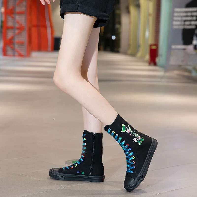 Spring new color lace-up side zipper medium-sized printed canvas flat inner heightening casual large size women's shoes