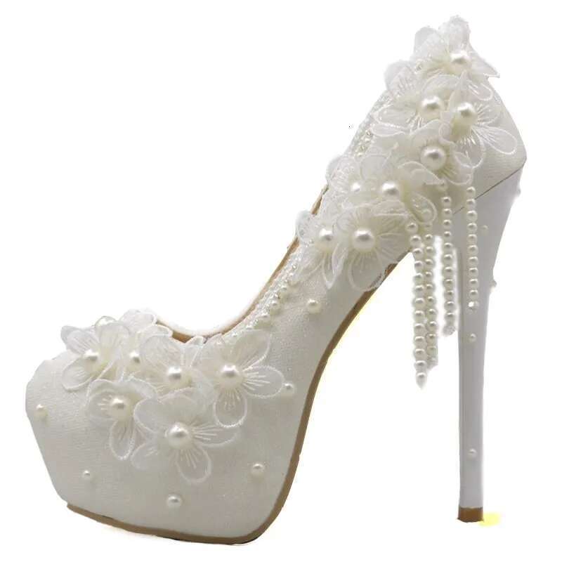 Spring round head cloth pearl tassel lace flower wedding fine high-heeled waterproof table dress large size women's shoes