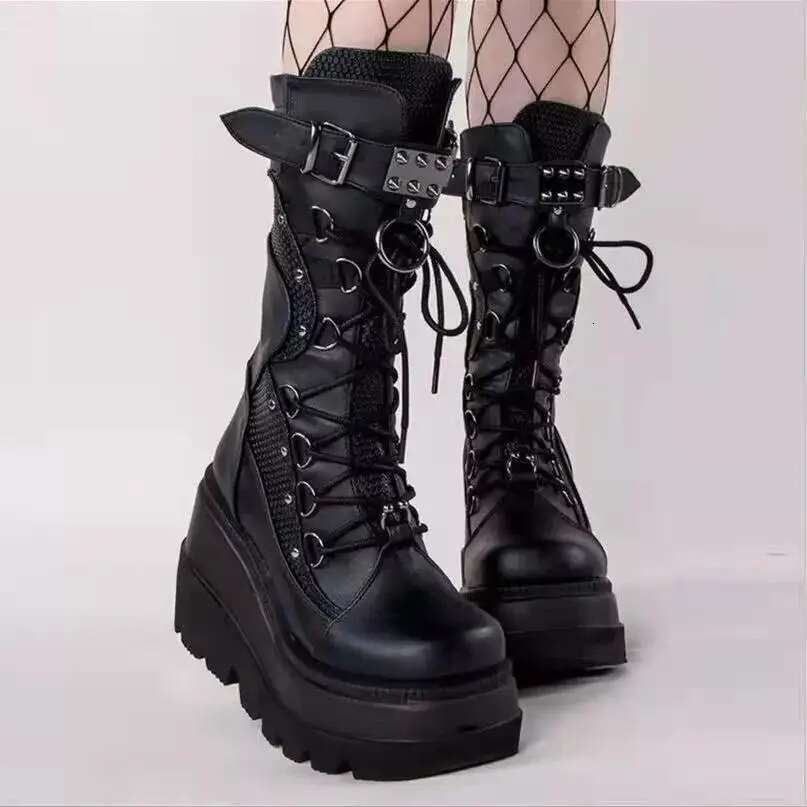 2022 New Women's Punk Style Cross-Border Sneaker Boots Plus Size Thick Bottom Medium Height Rubber Forefoot Material